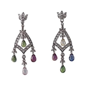 18k Gold Diamond Multi Gemstone Chandelier Earrings