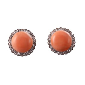 18k Gold Platinum Diamond Coral Button Stud Earrings