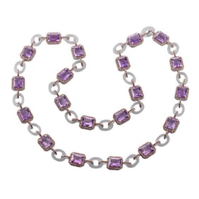14k Gold Silver Amethyst Rock Crystal Sapphire Station Necklace
