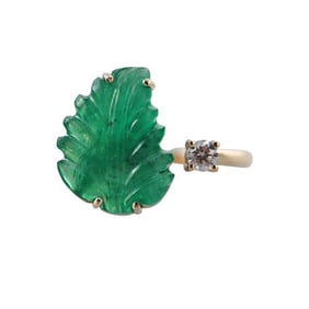 18k Gold Carved Emerald Diamond Leaf Motif Ring