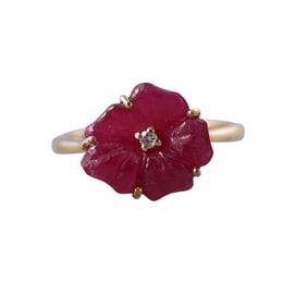 6.10ct Natural Carved Ruby Diamond Flower Gold Ring