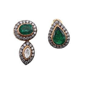 18k Gold Silver Diamond Emerald Earrings