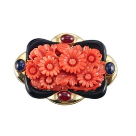 18k Gold Carved Coral Multi Gemstone Flower Brooch Pin