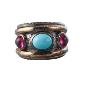 David Yurman Silver Gold Turquoise Tourmaline Ring