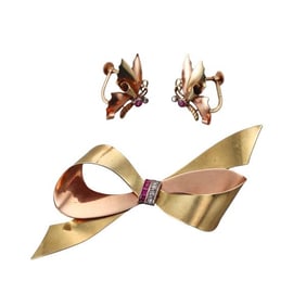 Retro 14k Gold Diamond Ruby Bow Butterfly Brooch Earrings Lot