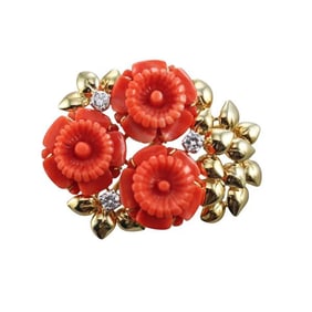 18k Gold Diamond Carved Coral Flower Brooch Pin