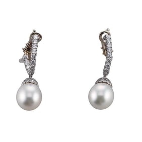 Platinum Gold South Sea Pearl Diamond Drop Earrings