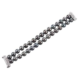 18k Gold Diamond Tahitian Pearl Two Strand Bracelet