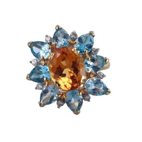 18k Gold Diamond Citrine Topaz Flower Ring