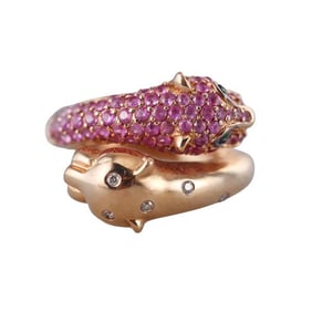 18k Gold Diamond Pinks Sapphire Tsavorite Double Panther Bypass Ring