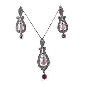 14k Gold Diamond Pearl Tourmaline Pendant Necklace Earrings Set