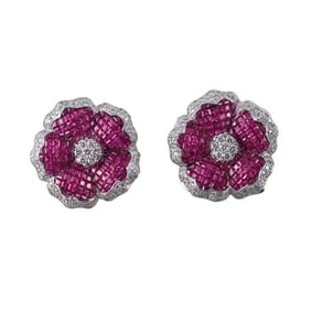 18k Gold Diamond Ruby Flower Earrings
