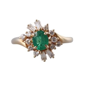 14k Gold Diamond Emerald Cluster Ring