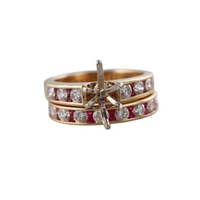18k Gold Diamond Ruby Engagement Bridal Ring Setting Set