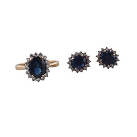 18k Gold Diamond Sapphire Cluster Ring Earrings Set