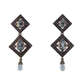 18k Gold Silver Diamond Aquamarine Earrings