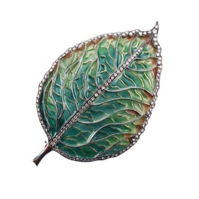 Silver Gold Diamond Plique a Jour Enamel Leaf Brooch Pin