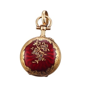 Antique 18k Gold Enamel Diamond Pocket Watch