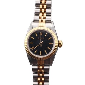 Rolex Oyster 18k Gold Steel Black Dial Lady's Watch 67193