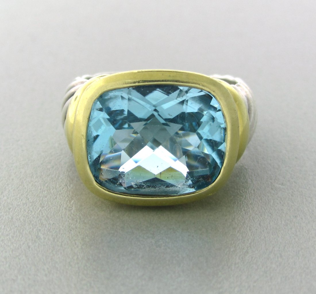 059: David Yurman Sterling 14k Gold Topaz Cable Ring: Measurements - ring size 6 3/4, ring is 19mm wide. topaz - 16mm x 18.5mm. marks - D.Y.,585,925. weight - 10.7 grams