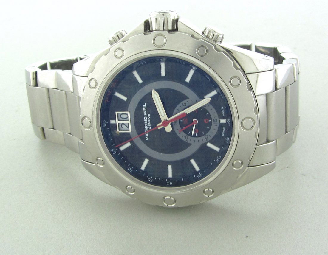 Raymond Weil Chronograph 2 Time Zone Watch: Dimensions - case 43mm in diameter (excluding crown and lugs) case thickness 12mm. bracelet will fit up to 8 1/2" wrist. bracelet is 22mm wide at widest point. movement - quartz. weight - 191.5 grams