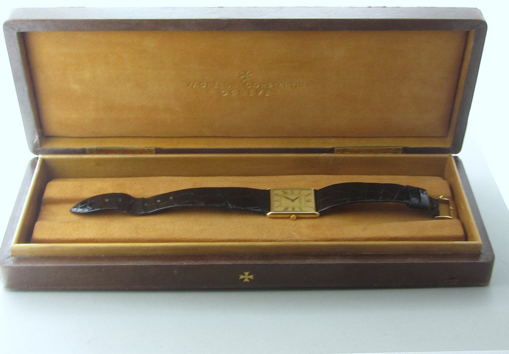 Vintage Vacheron Constantin Gold Watch Box Papers: 18k yellow gold case 30mm X 23mm, manual wind,Gold buckle VC band. original box. Original Paperwork , purchased in 1975.