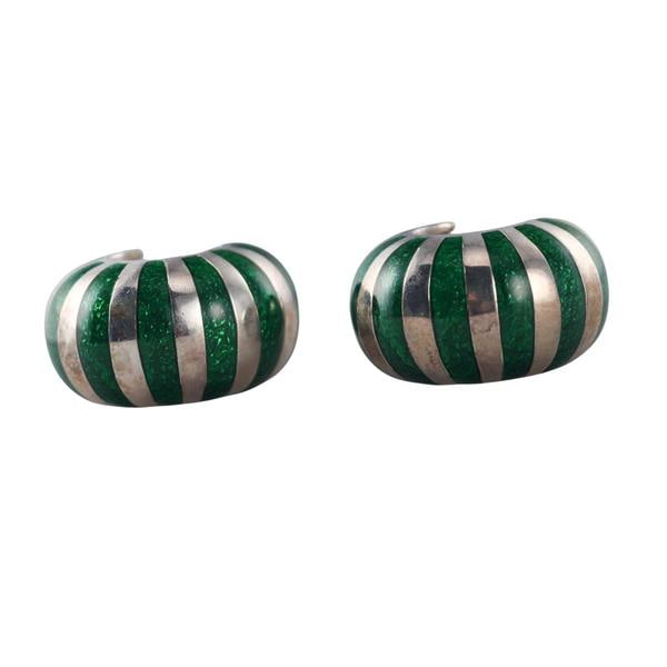 Tiffany & Co Silver Green Enamel Half Hoop Earrings (1 of 3)