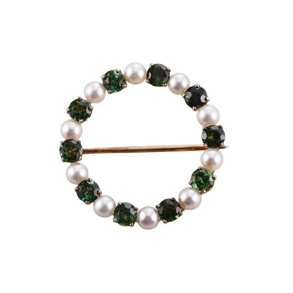 Vintage 14k Gold Tourmaline Pearl Circle Brooch Pin (1 of 3)