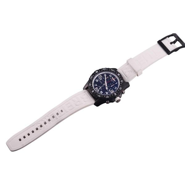 Breitling Endurance Chronometer Carbon Fiber Watch X82310: METAL: Carbon Fiber. MEASUREMENTS: Case 45mm, white rubber bracelet with Breitling buckle - 9" long. MOVEMENT: Quartz - working order. Ref. X82310. Circa 2022. Comes with box. Watches are guaranteed t