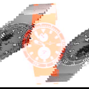 Ulysse Nardin Marine Diver Orange Automatic Watch 263 33: METAL: Stainless Steel. MEASUREMENTS: Case 43mm, orange dial, bezel and UN rubber band with deployant buckle - will fit approx. 7" wrist. MOVEMENT: Automatic, working order. Ref. 263-33. Circa 20