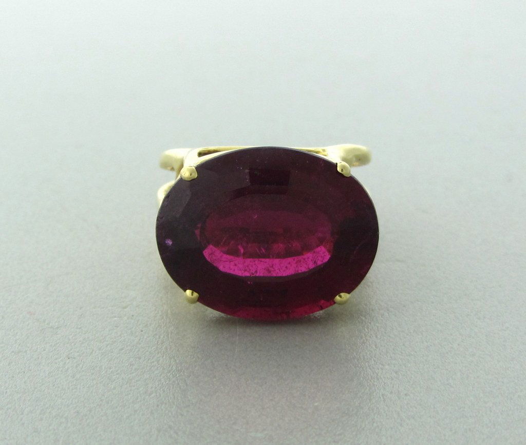 Estate Tiffany & Co 18k Gold Rubellite Ring: Measurements - ring size 5 1/2, ring is 14.5mm wide. rubellite - 14.5mm x 18.5mm. weight - 11.5 grams, marked: tiffany & co , new york.
