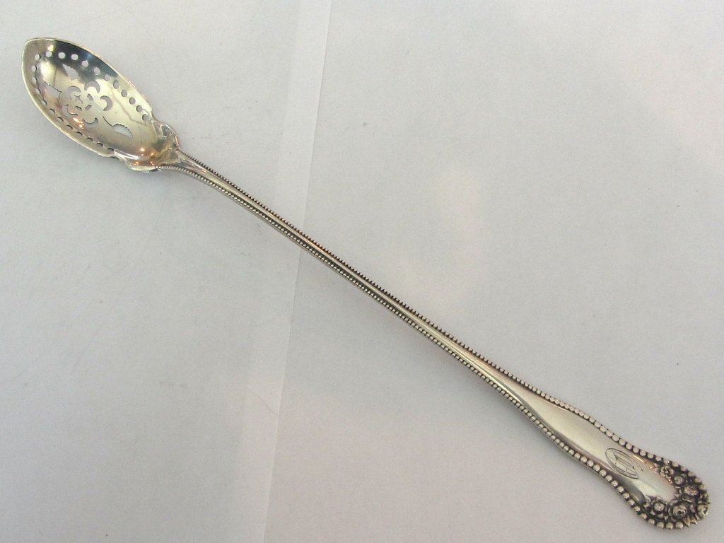 Gorham Lancaster Sterling Long Pierced Olive Spoon: Measurement- 8 1/4". Marked- Makers mark, sterling. Weight- 0.88ozt. Monogram- Yes