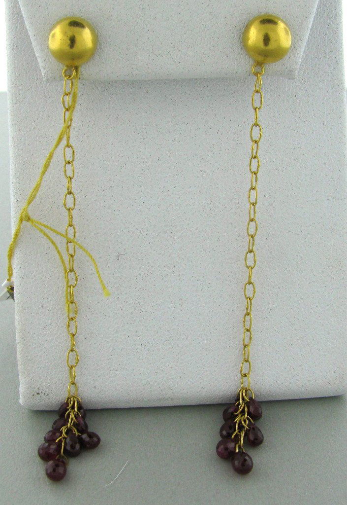 Gurhan 24K Gold 6.29ctw Ruby Drop Earrings: Measurements - 81mm long. rubies - 6.29ctw. marks - EI942/0.990, Gurhan,makers mark. weight - 5.0 grams