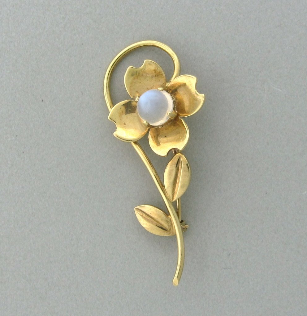 Vintage Tiffany & Co 14k Gold Moonstone Brooch: Measurements - brooch is 44mm x 17mm, moonstone - 6mm in diameter. marks - 14k,Tiffany & Co. weight - 4.4 grams