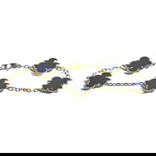 Van Cleef & Arpels Alhambra 18k Yellow Gold Onyx 5 Motifs Bracelet: METAL: 18k Yellow Gold. GEMSTONES: Onyx. MEASUREMENTS: Bracelet length 7 inches, each motif is 15mm x 15mm. MARKED: VCA, Au750, S988, JE853392, Assay marks. WEIGHT: 11.1 grams. Gemstones have not