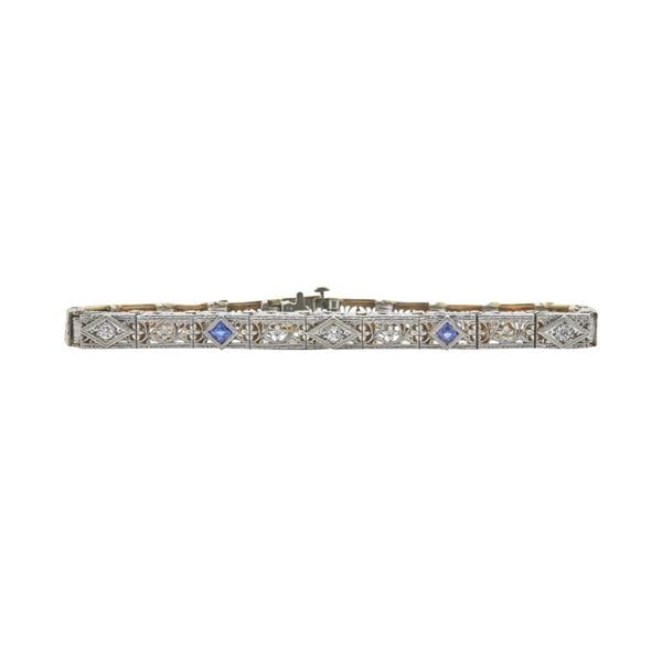 Art Deco Filigree 14k White Gold Diamond and Sapphire Bracelet (1 of 2)