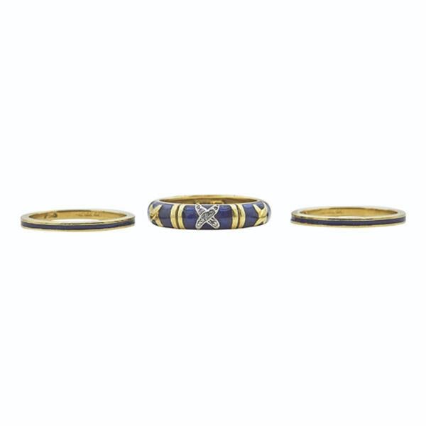 Set of 3 Hidalgo 18k Yellow Gold, Blue Enamel and Diamond Band Rings (1 of 4)