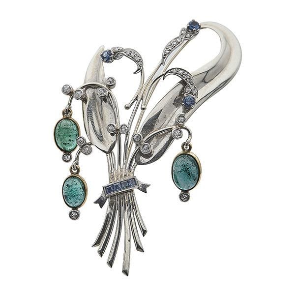 1940s Retro Palladium and 18k Gold Emerald, Sapphire and Diamond Brooch (1 of 2)