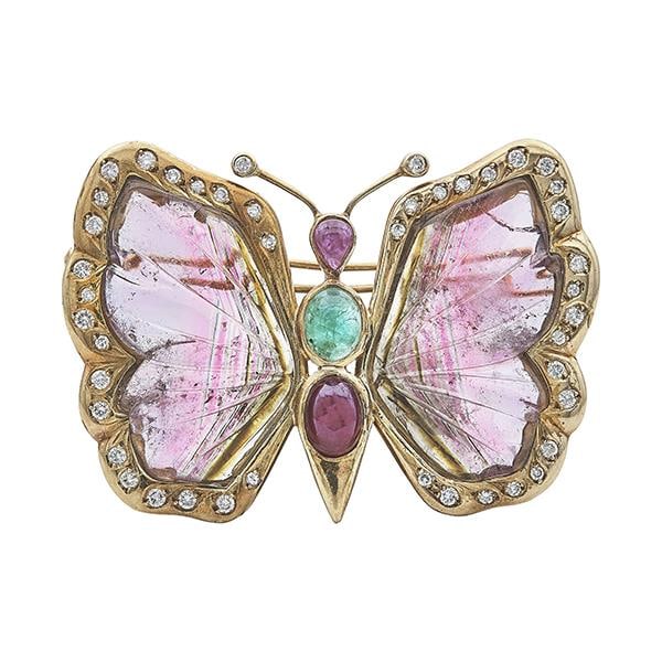 18k Yellow Gold Multi Gem-Set Butterfly Brooch Pin (1 of 3)