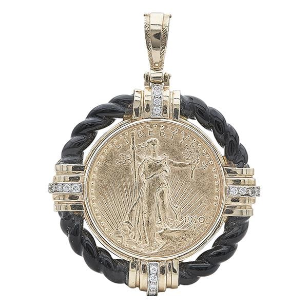 14k Yellow Gold Diamond and Onyx Pendant with 1910 20 Dollar Gold Coin (1 of 3)