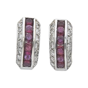 Pair of 18k White Gold Ruby and Diamond Huggie Hoop Earrings