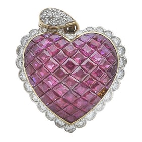 18k Yellow Gold Invisible Set Ruby and Diamond Heart Pendant