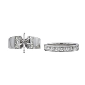 14k White Gold Diamond Engagement Ring Setting and Wedding Band