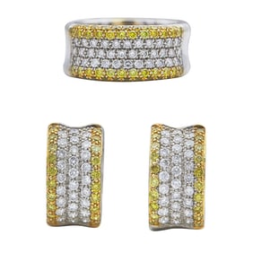 Pair of 18k Gold Diamond and Fancy Yellow Diamond Huggie Hoop Earrings and Ring Suite