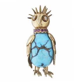18k Yellow Gold Turquoise, Ruby and Diamond Bird Brooch