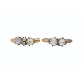 Set of 2 14k Yellow Gold Moonstone and Diamond Rings