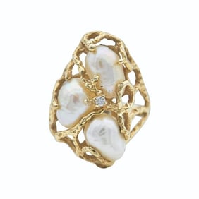 14k Yellow Gold Baroque Pearl and Diamond Ring
