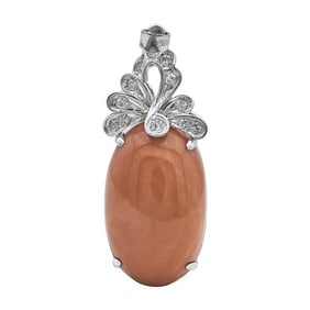 14k White Gold Orange Coral and Diamond Pendant