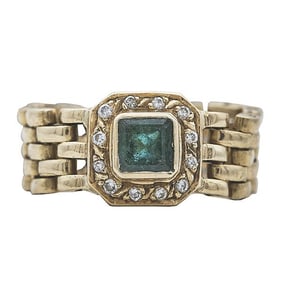 18k Yellow Gold Emerald and Diamond Flexible Chain Ring