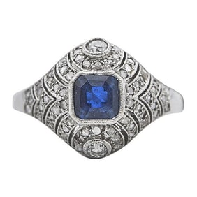 Art Deco 14k White Gold Sapphire and Diamond Ring